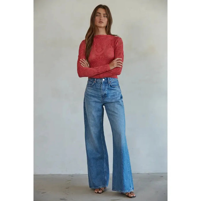 Jacquard Long Sleeve Top in Crimson