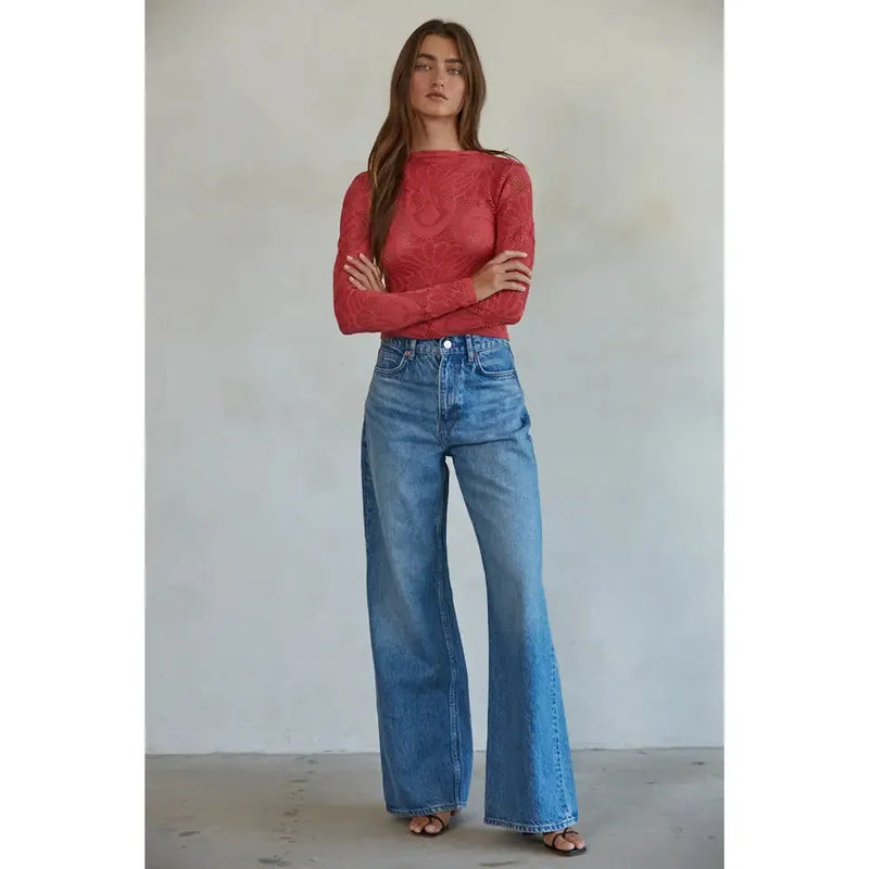 Jacquard Long Sleeve Top in Crimson