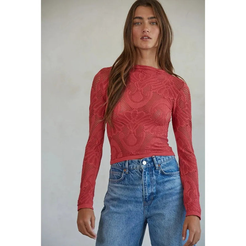 Jacquard Long Sleeve Top in Crimson