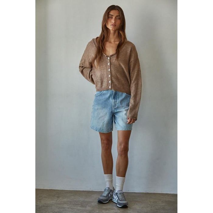 Rolled V-Neck Cardigan Top in Mocha