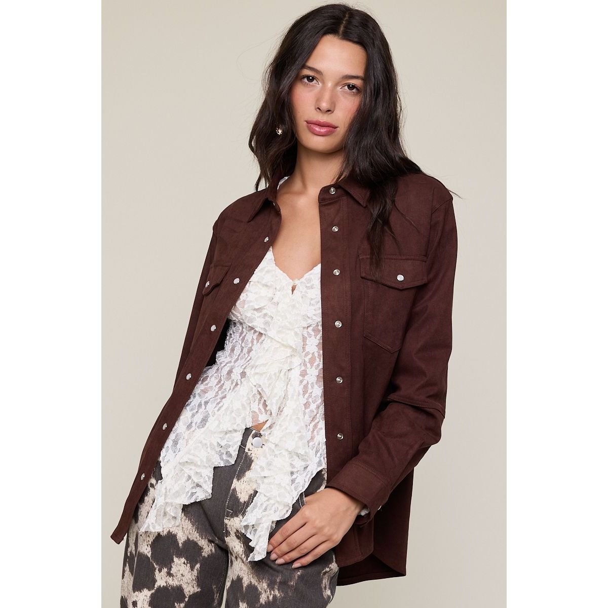 Suede Shirt Jacket in Dark Oak