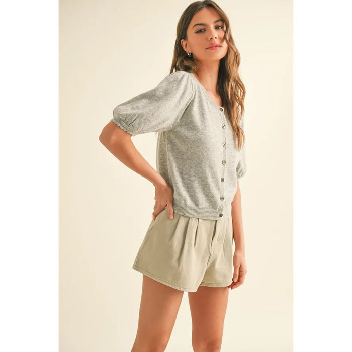 Puff Short Sleeve Button Down Knit Cardigan
