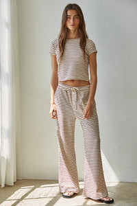 Knit Striped Elastic Waist Band Tie Flare Pants- Cream/Burgundy