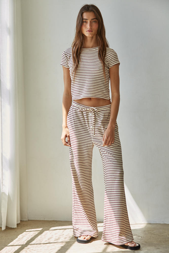 Knit Striped Elastic Waist Band Tie Flare Pants- Cream/Burgundy