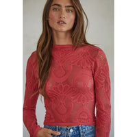 Jacquard Long Sleeve Top in Crimson