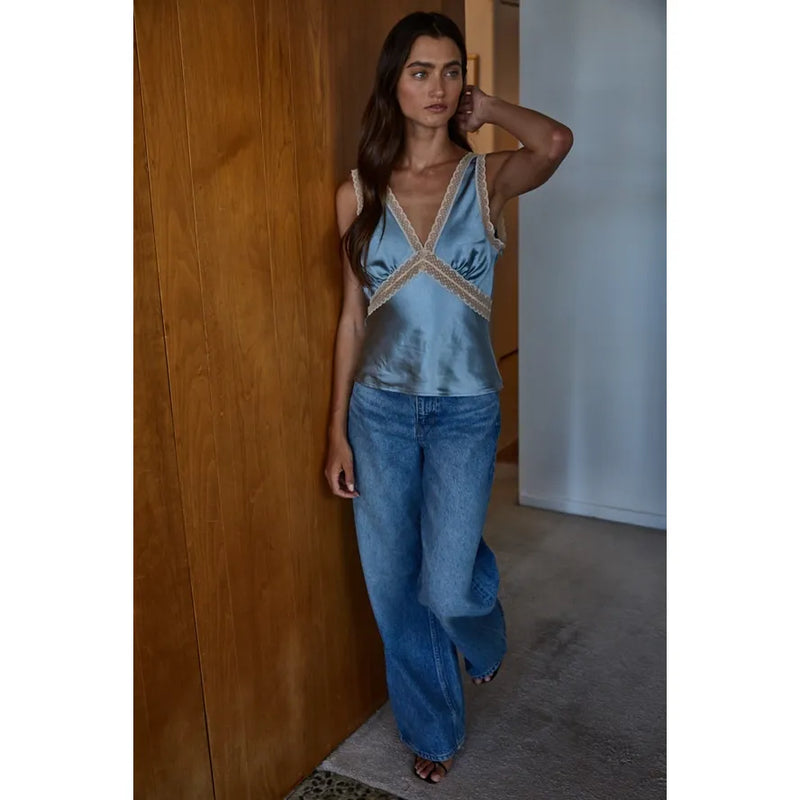 Satin & Lace Tank in Seafoam