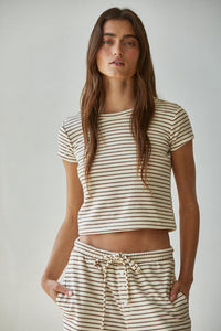 Knit Striped Short Sleeved Top- Cream/Mocha
