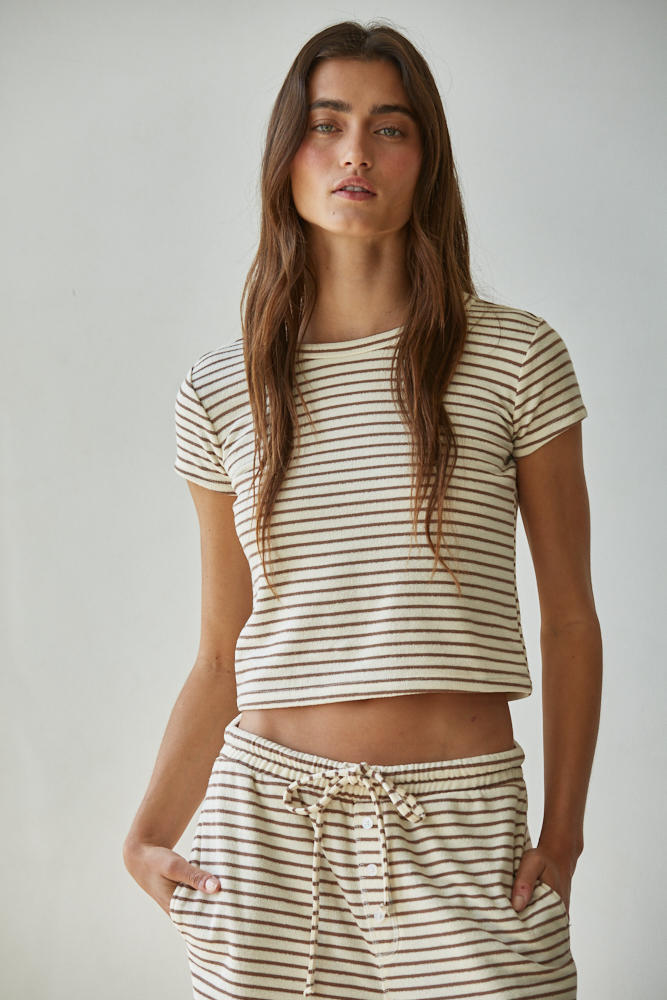 Knit Striped Short Sleeved Top- Cream/Mocha
